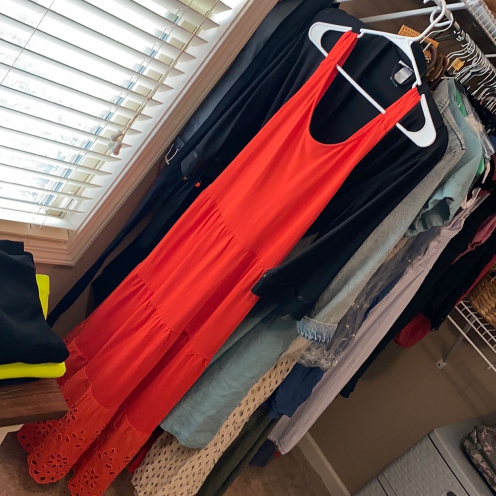 Orangey red tiered eyelet trim maxi dress